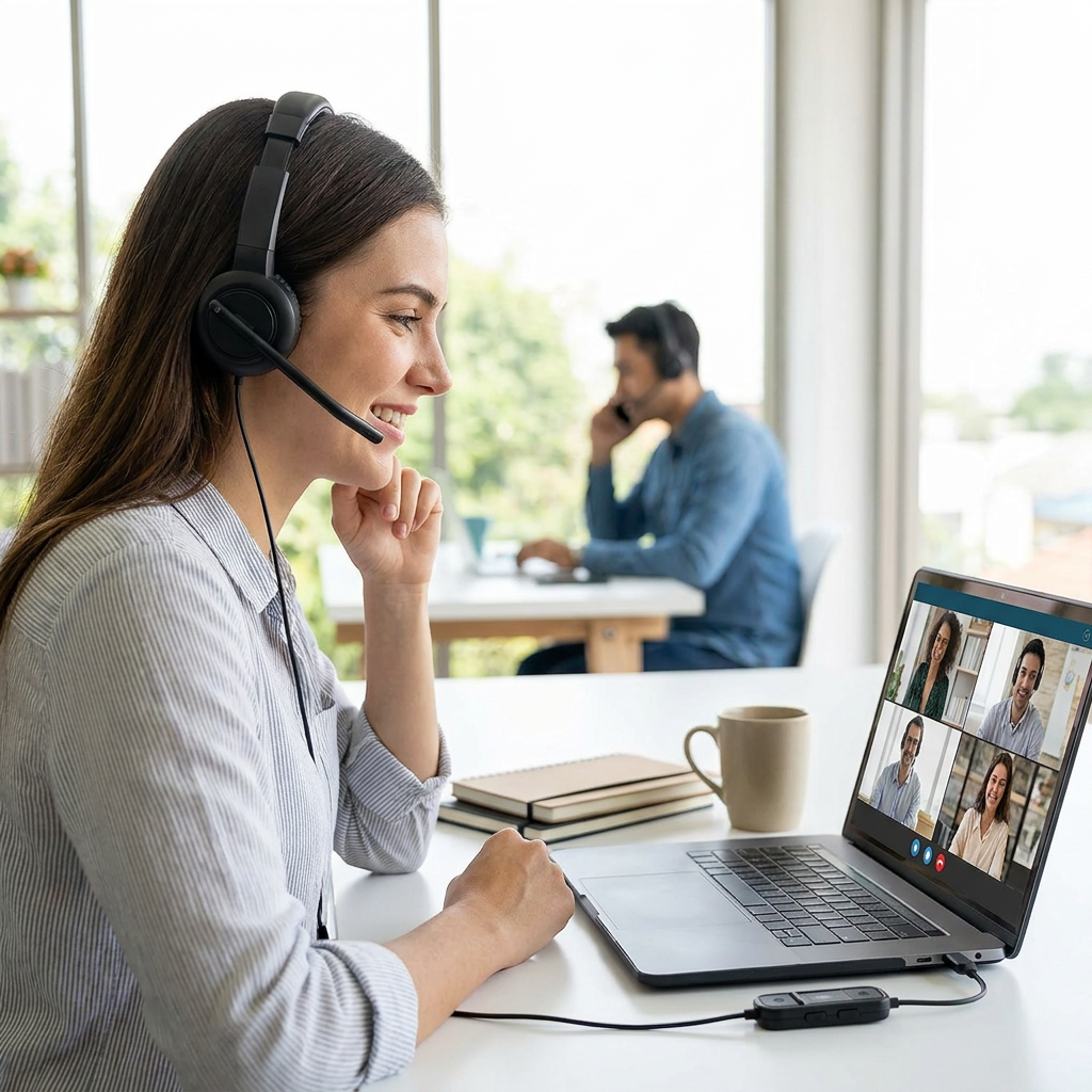 A professional woman smiles while using the Kensington H1000 USB-C headset during a video conference in a modern, bright office.
