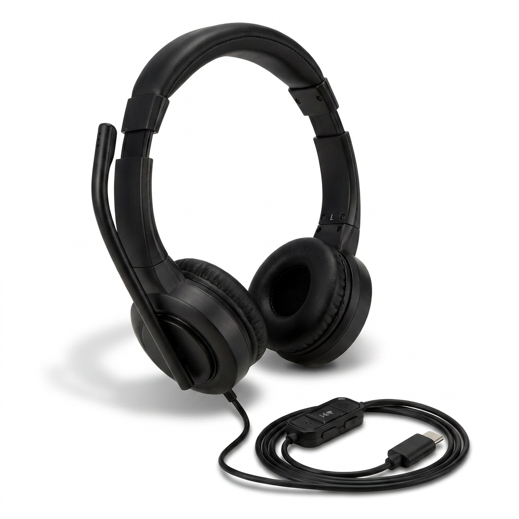 A photorealistic studio image shows the black Kensington H1000 USB-C on-ear headset angled to the right on a pure white background. The microphone boom is on the left side. The coiled USB-C cable and inline controls rest in the foreground. A soft shadow is beneath the headset.