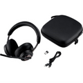 Black Kensington H3000 Bluetooth headset with carrying case, USB-C cable, and USB-A adapter.