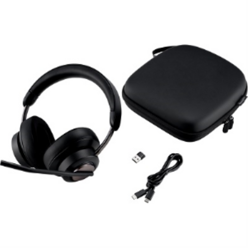 Black Kensington H3000 Bluetooth headset with carrying case, USB-C cable, and USB-A adapter.