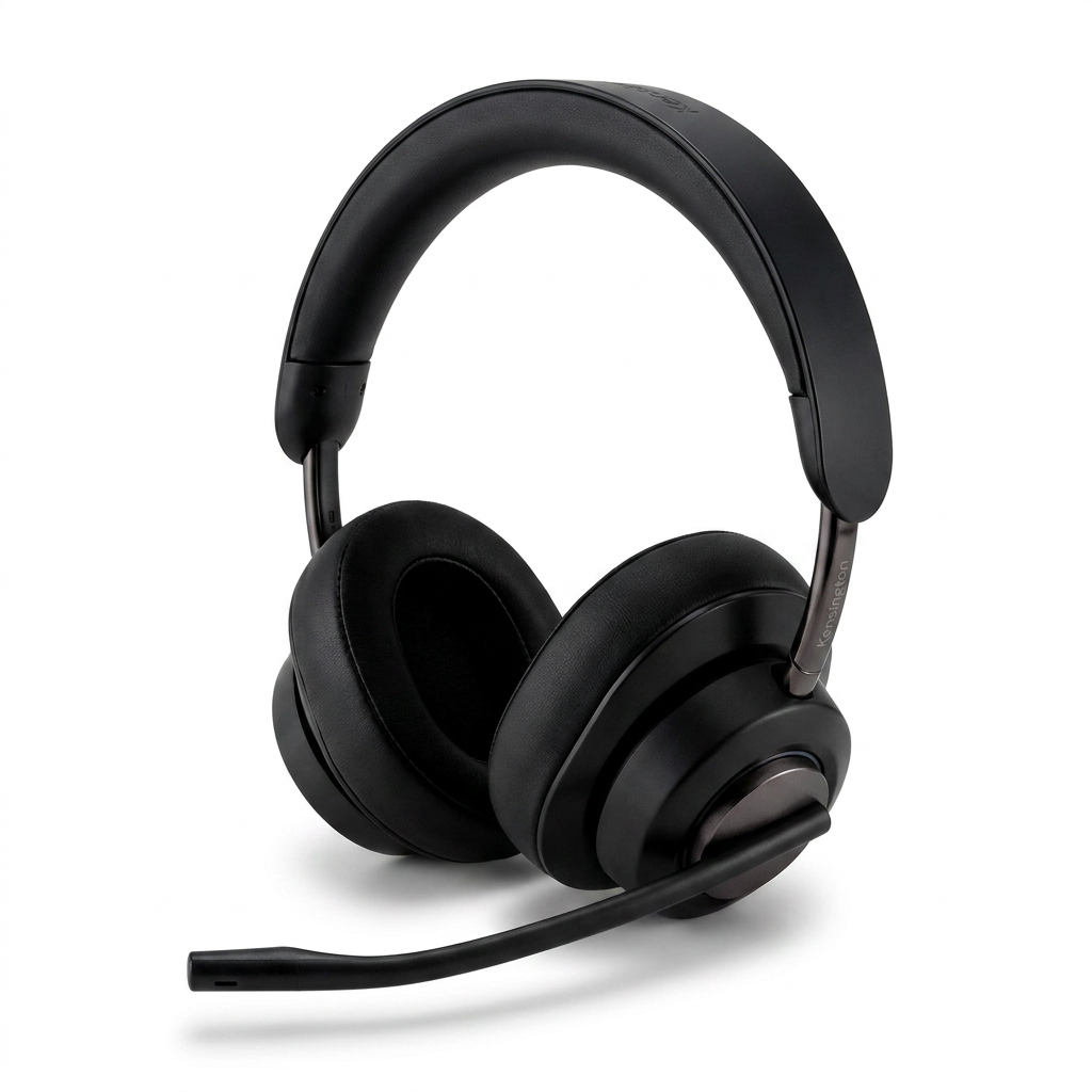 A photorealistic studio photograph of the Kensington H3000 Bluetooth Over-Ear Headset, angled to show the left earcup and boom microphone. The black headset is centered on a pure white background with a soft shadow.
