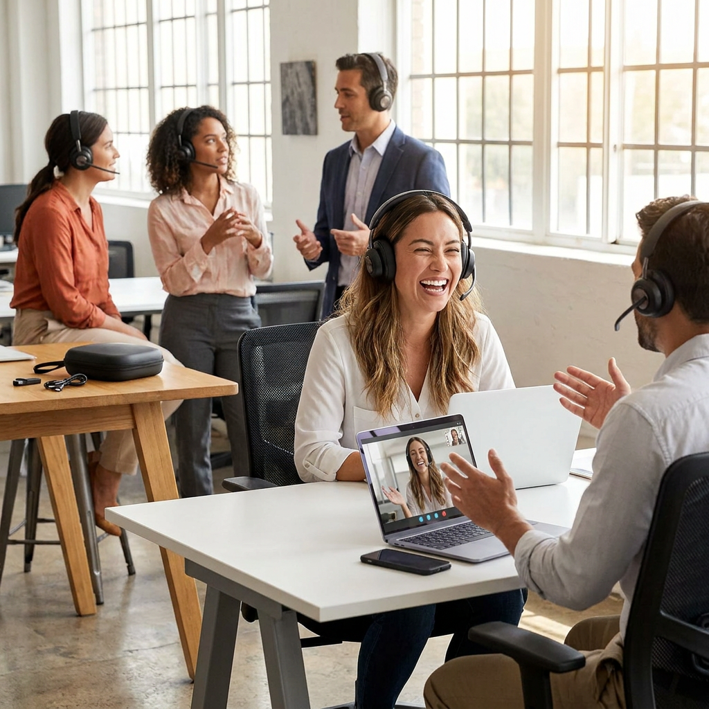 Multiple people wearing Kensington H3000 Bluetooth headsets in a collaborative office setting, with the carrying case and receiver visible on a nearby desk.