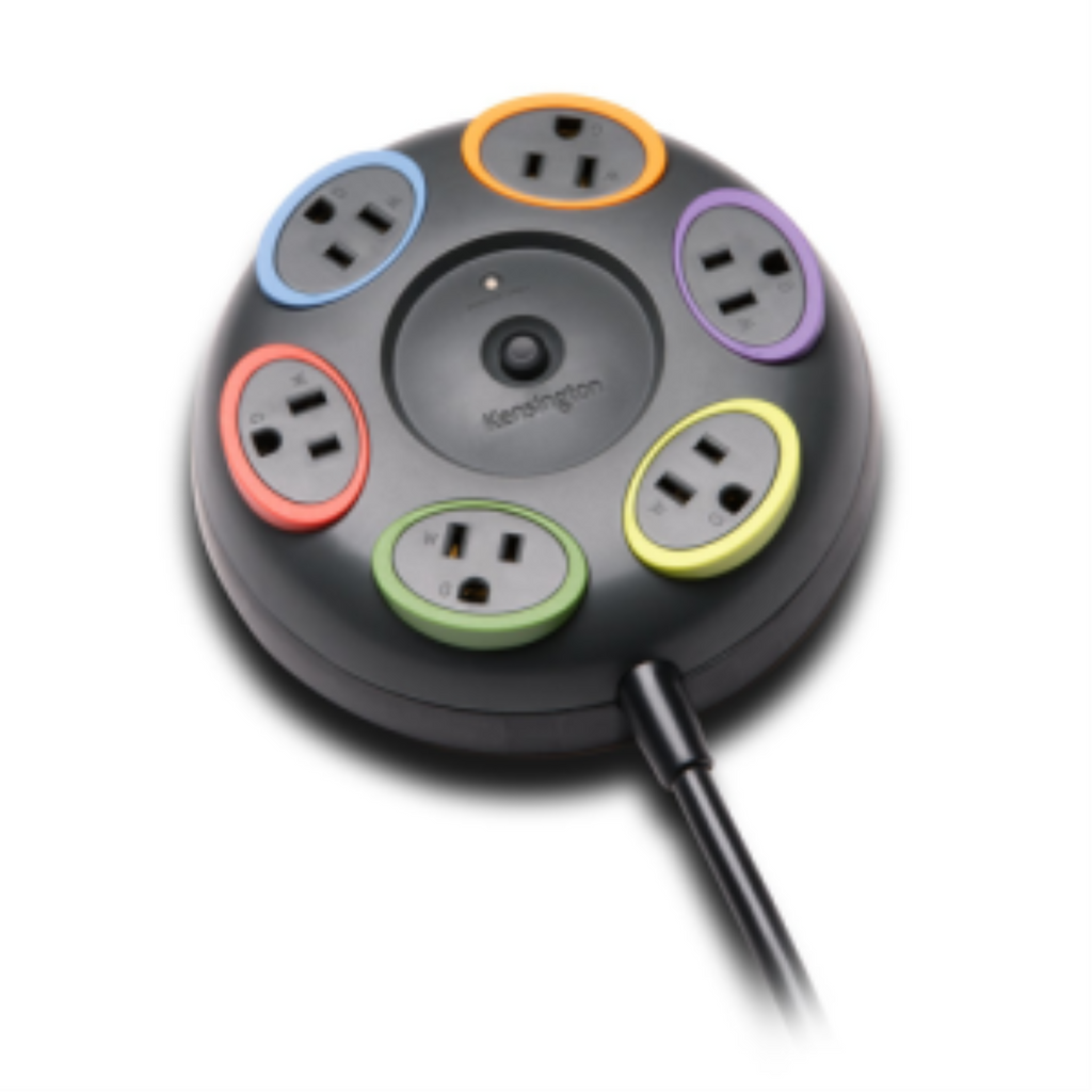 Kensington SmartSockets circular table top surge protector with 6 color-coded outlets.