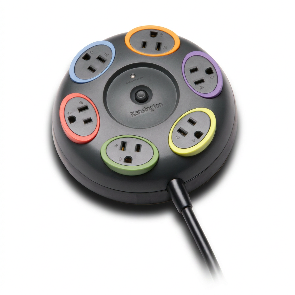 A photorealistic studio image of the Kensington K62634NA round black surge protector with color-coded outlets, angled to the left on a pure white background with a soft shadow.