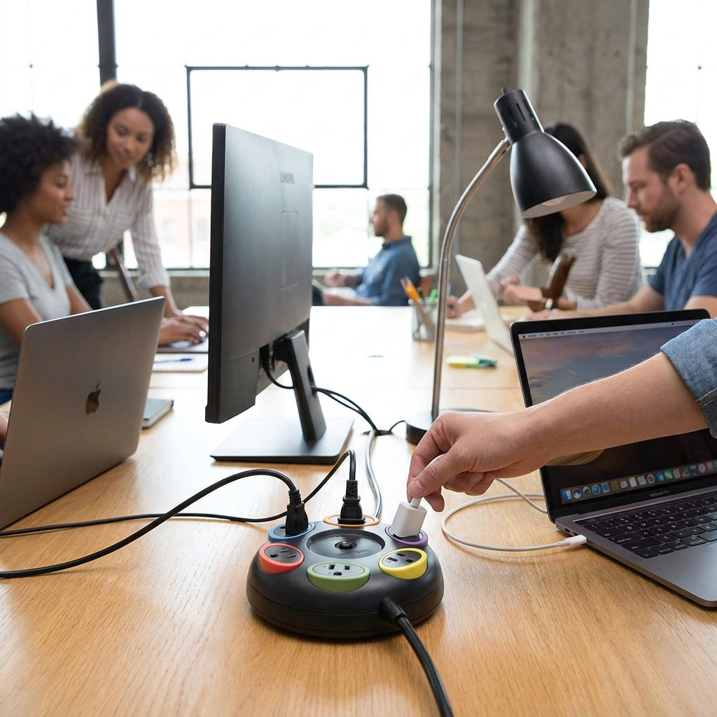 A lifestyle photograph of the Kensington SmartSockets surge protector in use at a busy office table, with a hand plugging in a device and others working in the background.