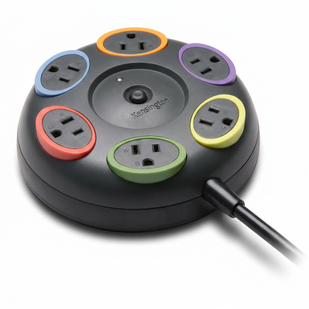 A studio photograph of the Kensington SMRTSOCKETS surge protector, angled to the right on a white background.