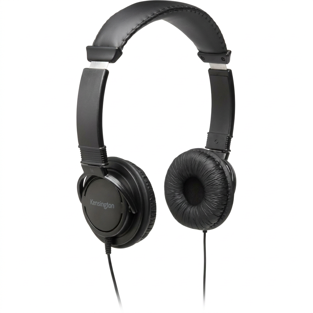 A photorealistic studio product photo of the Kensington USB Hi-Fi Headphones, angled to show the left earcup with the Kensington logo, on a pure white background with a soft shadow.