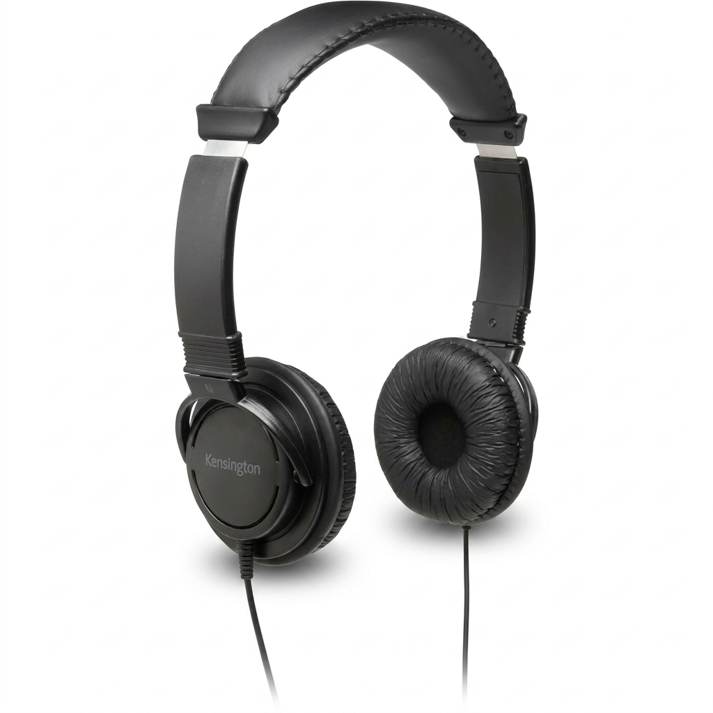 A photorealistic studio shot of the Kensington USB Hi-Fi Headphones on a pure white background, angled to the right to show the logo, with a soft natural shadow.