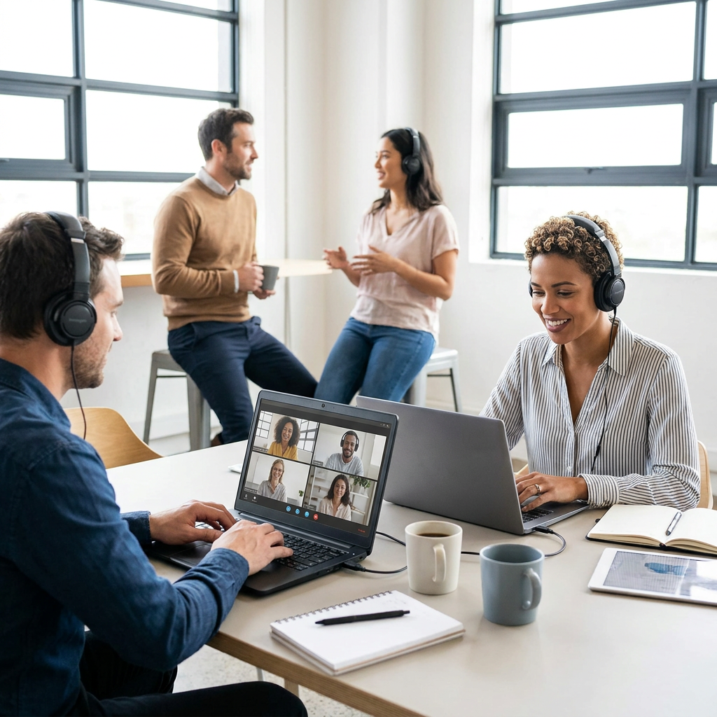 Kensington USB Hi-Fi Headphones being used by multiple people in a busy, sunlit modern office.