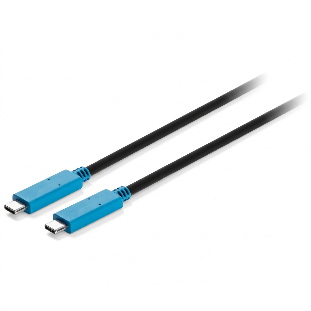 Kensington USB-C to USB-C cable with blue connectors and black cable, angled on pure white background.