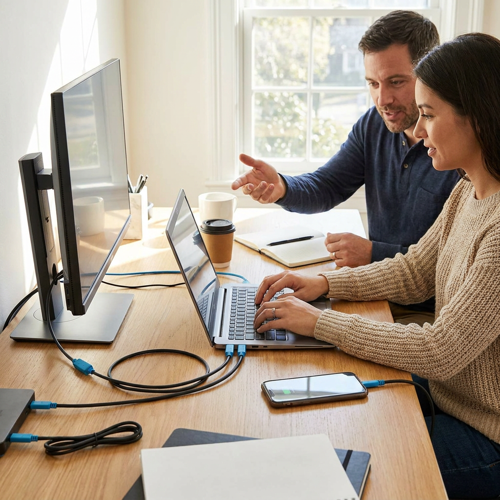 A lifestyle photograph of two people collaborating at a home office desk, with the black and blue Kensington USB-C cable connecting a laptop to a monitor and a smartphone.