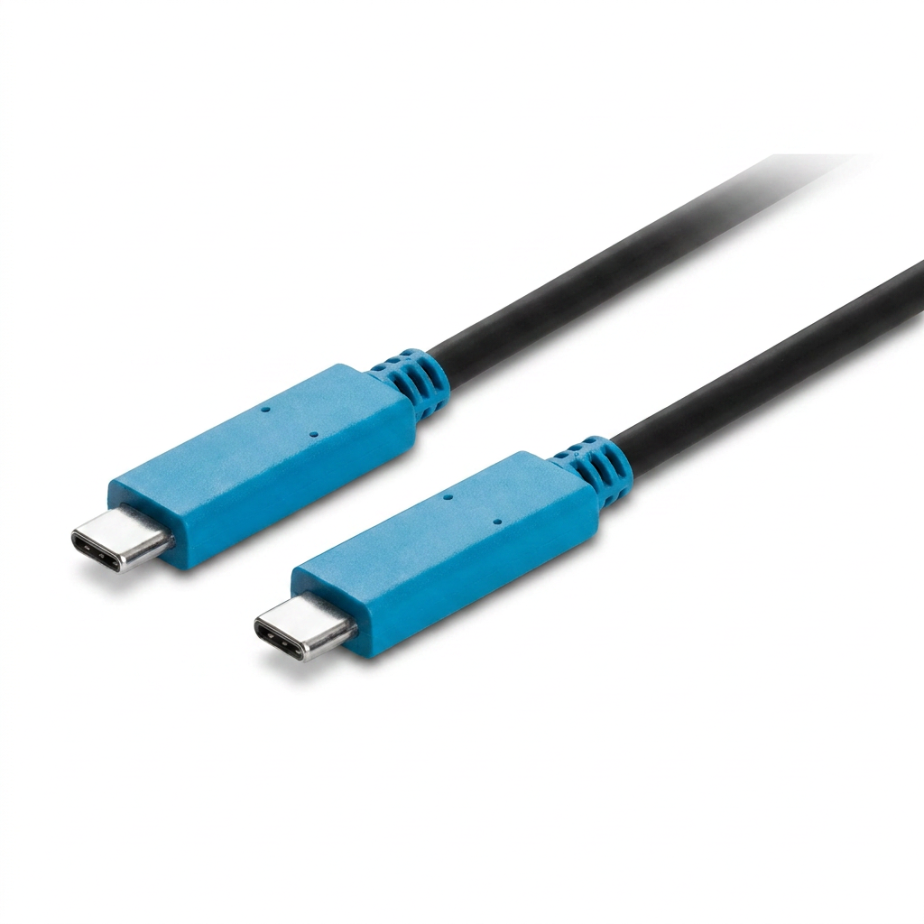 A photorealistic studio product photograph of the Kensington USB-C cable with blue connectors, angled to emphasize the right side of the connectors on a pure white background with a soft shadow.