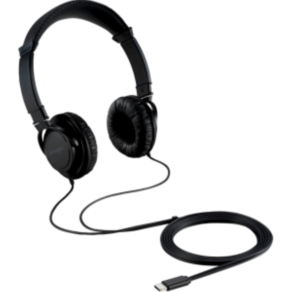Black Kensington USB-C Hi-Fi Headphones with padded earcups and a long coiled cable.