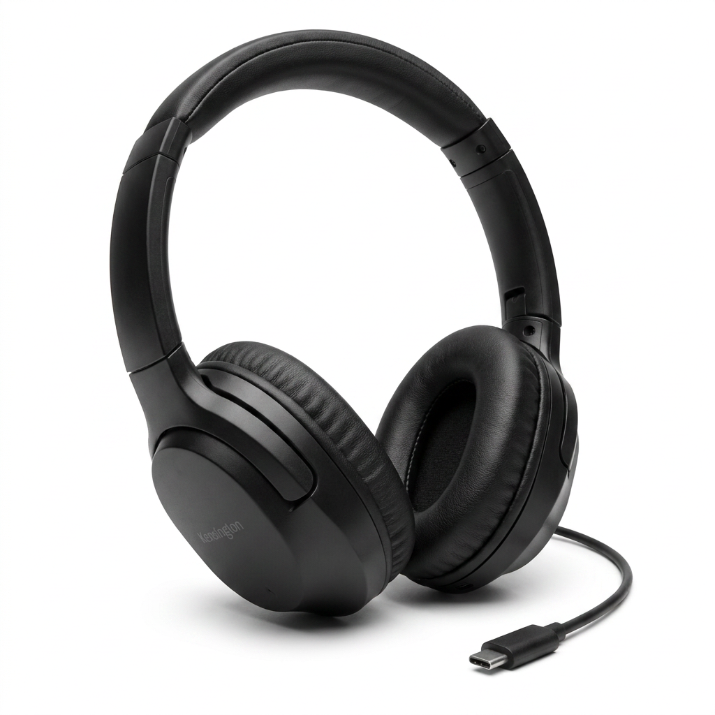 A photorealistic studio product photograph of the black Kensington USB-C HiFi Headphones, angled to show the left side with a soft shadow on a pure white background.