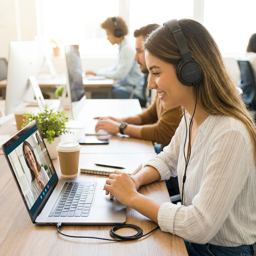 A young professional woman in a busy office wears the Kensington USB-C HiFi headphones while smiling during a laptop video call.