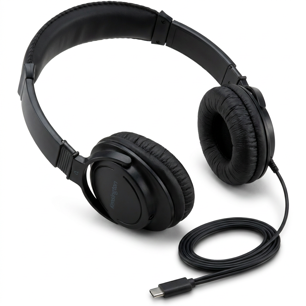 A photorealistic studio product photo of the Kensington USBC HiFi Head Phones, angled to show the right side on a pure white background with a soft shadow. The black headphones with padded ear cups and headband are centered, with the coiled USB-C cable in front.
