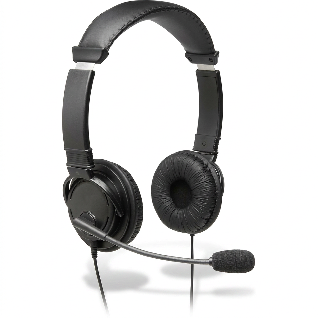 Photorealistic studio product photograph of the black Kensington K97603WW Hi-Fi Headphones with Mic on a pure white background, angled to the left with a soft natural shadow.
