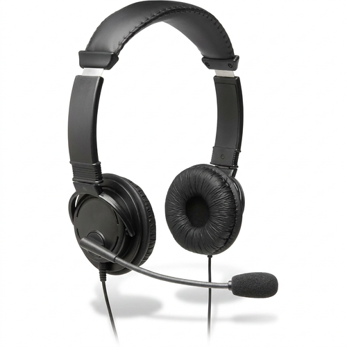 Photorealistic studio product photograph of the black Kensington K97603WW Hi-Fi Headphones with Mic on a pure white background, angled to the left with a soft natural shadow.