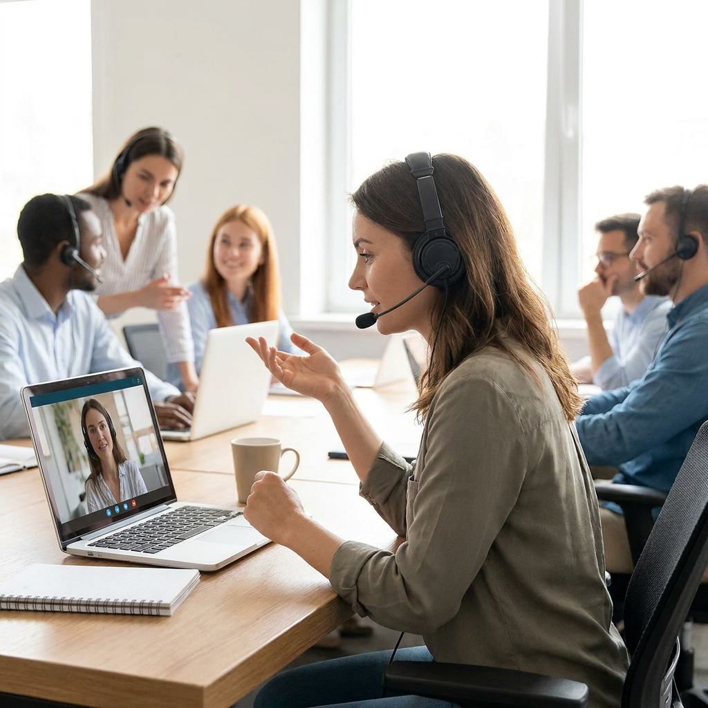 A woman in a busy office uses the Kensington Hi-Fi Headphones with Mic during a video call on her laptop.