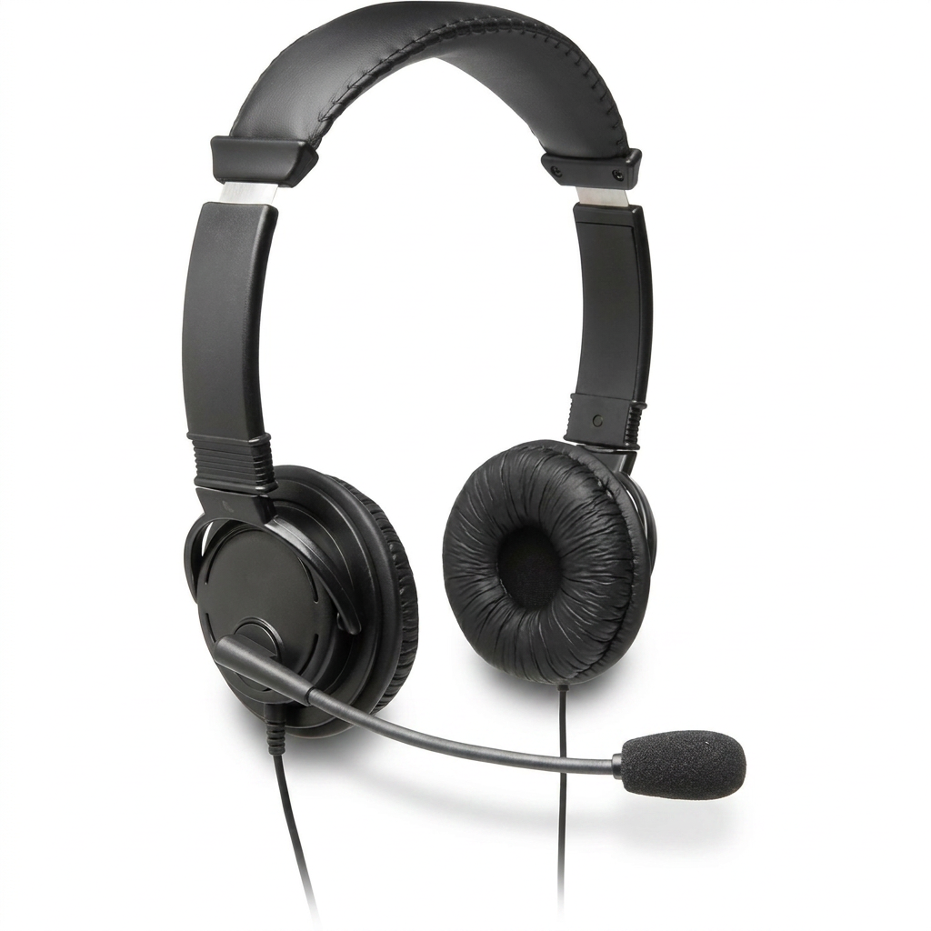 A photorealistic studio photograph of the black Kensington Hi-Fi Headphones with microphone, K97603WW, angled to show the right side on a white background with soft shadow.