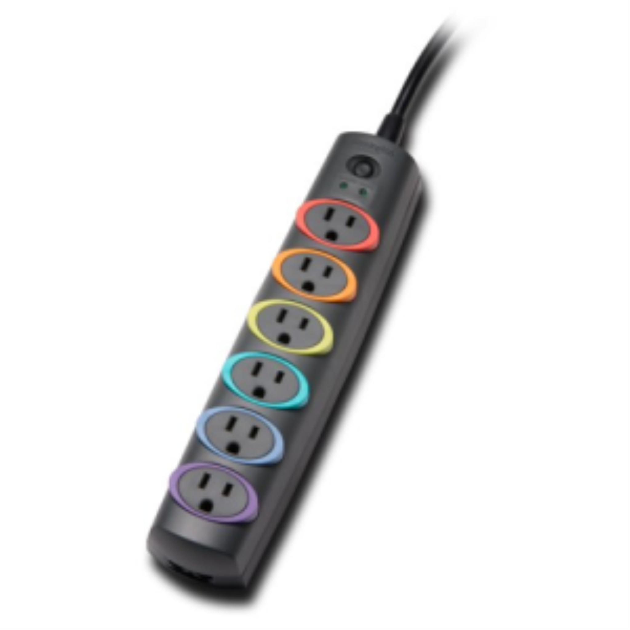 Kensington Smart Sockets Business Surge Protector with 6 color-coded outlets on a black strip.