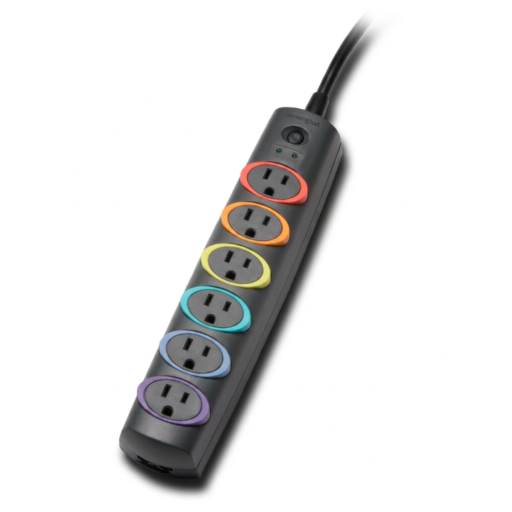 Photorealistic studio product photo of the Kensington SMART SOCKETS BUSINESS STRIP COLOR (K62147NA) on a pure white background.