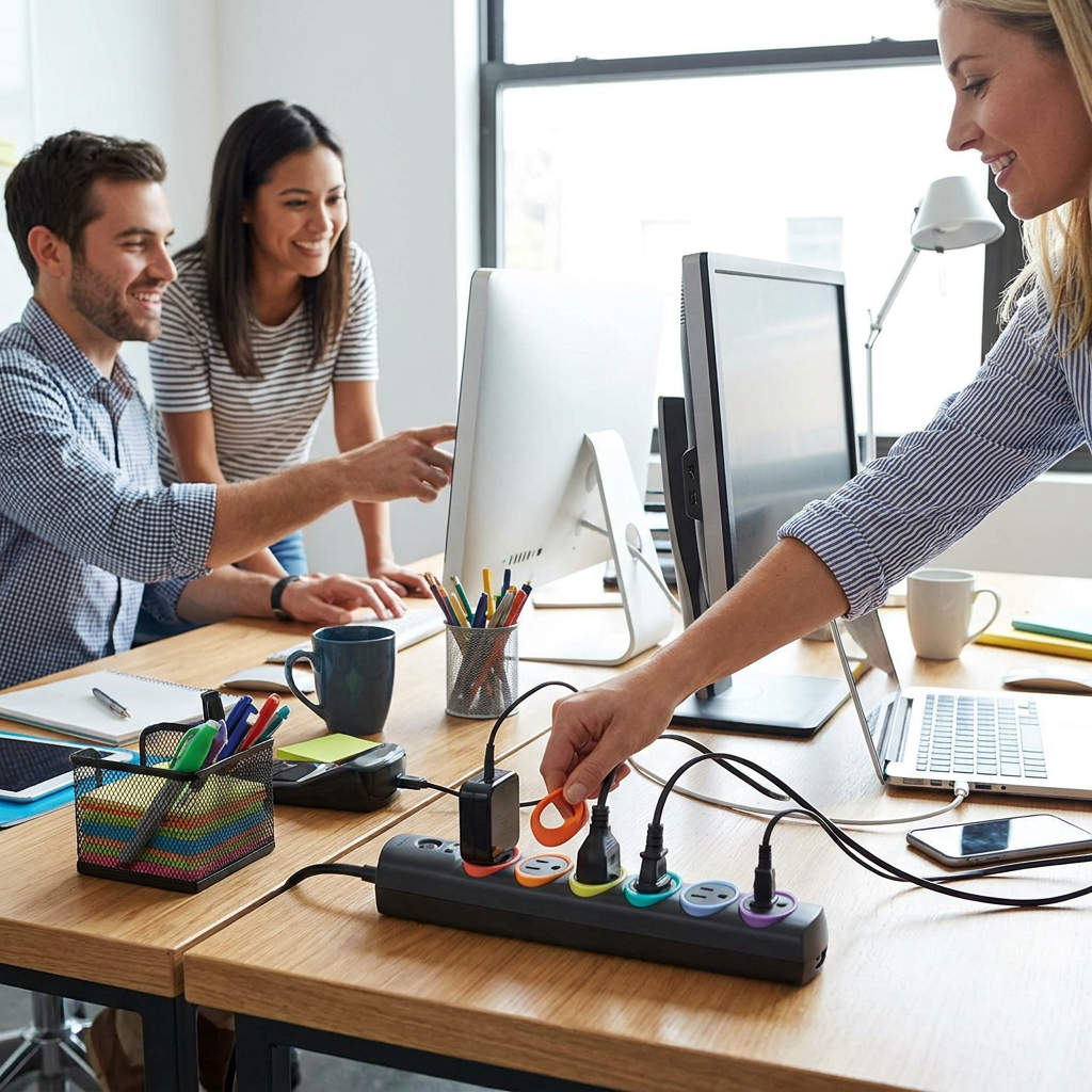A lifestyle photo shows colleagues in a modern office using the Kensington Color Smart Sockets power strip to power their devices.