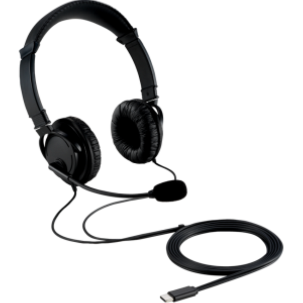 Kensington USB-C Hi-Fi noise-canceling headphones with padded headband, earcups, and microphone.