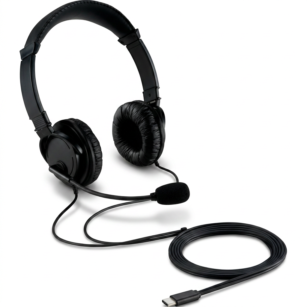 A photorealistic studio product photograph of the black Kensington USBC HiFi Head Phones w Mic (MK97457WW), showing the left side on a pure white background with a soft shadow.