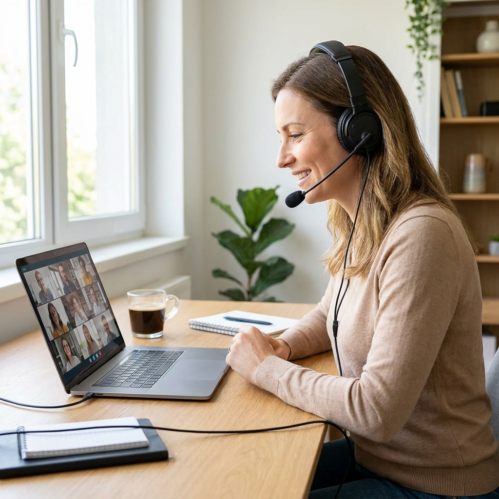 A woman smiles during a video call on her laptop, wearing the black Kensington USB-C HiFi Head Phones w Mic in a bright home office.