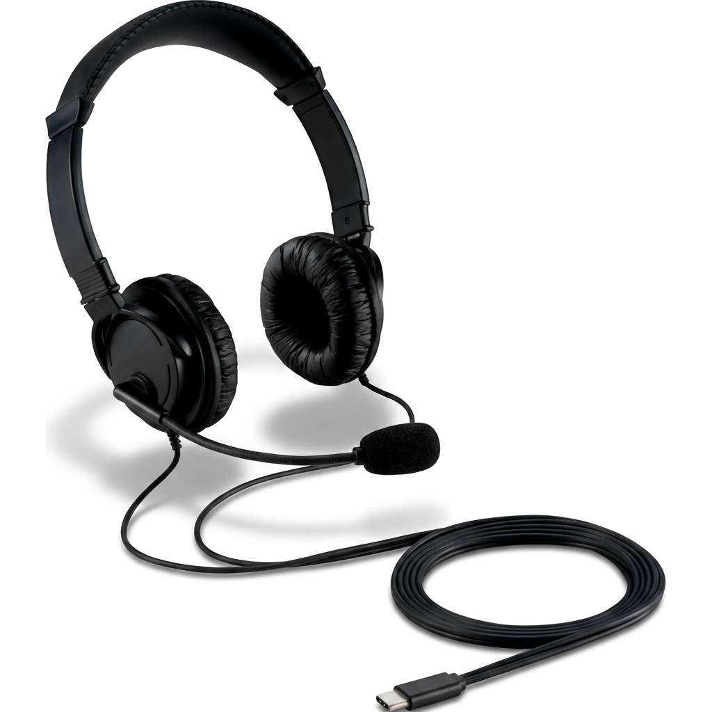 A photorealistic studio product photograph of black Kensington USBC HiFi Headphones with Mic, angled to show the right side, on a pure white background with a soft shadow.