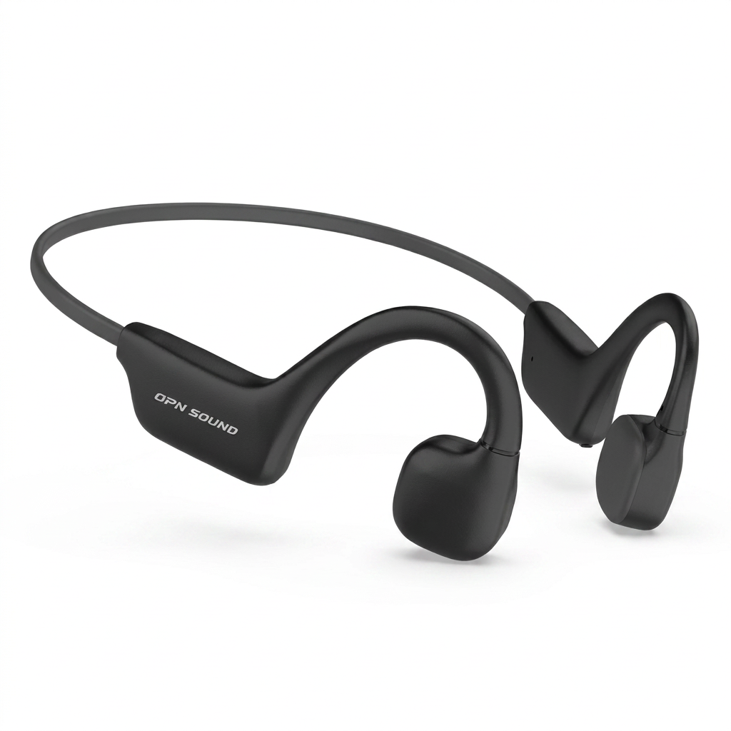 A photorealistic studio photograph of the black OPN Sound Osso bone conduction headphones, angled left on a pure white background with a soft shadow.