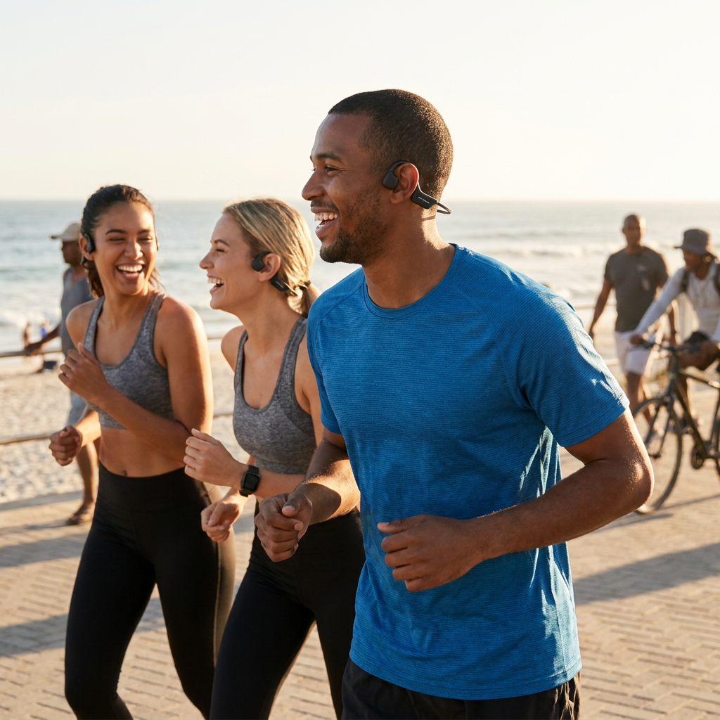A diverse group of three friends running on a beach boardwalk are laughing and wearing OPN Sound Osso bone conduction headphones during golden hour.