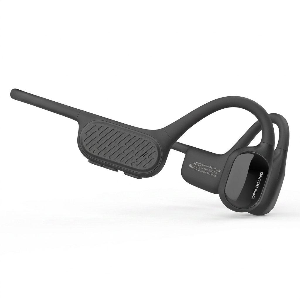 A photorealistic studio photograph focusing on the left side of the OPN Sound Swym+ headphones, rendered in matte black on a pure white background with a soft shadow.