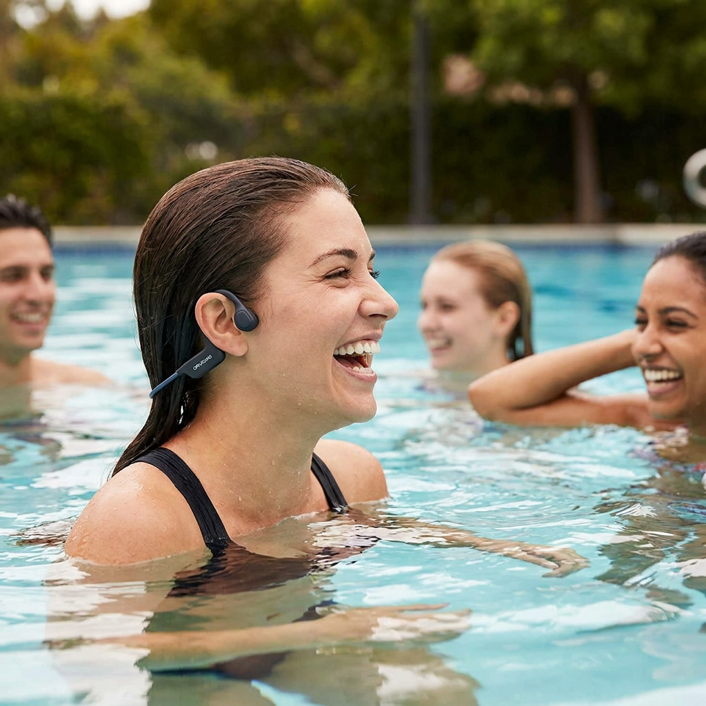 A woman in a swimming pool, with wet hair, laughs with friends while wearing the OPN Sound Swym+ bone conduction headphones.