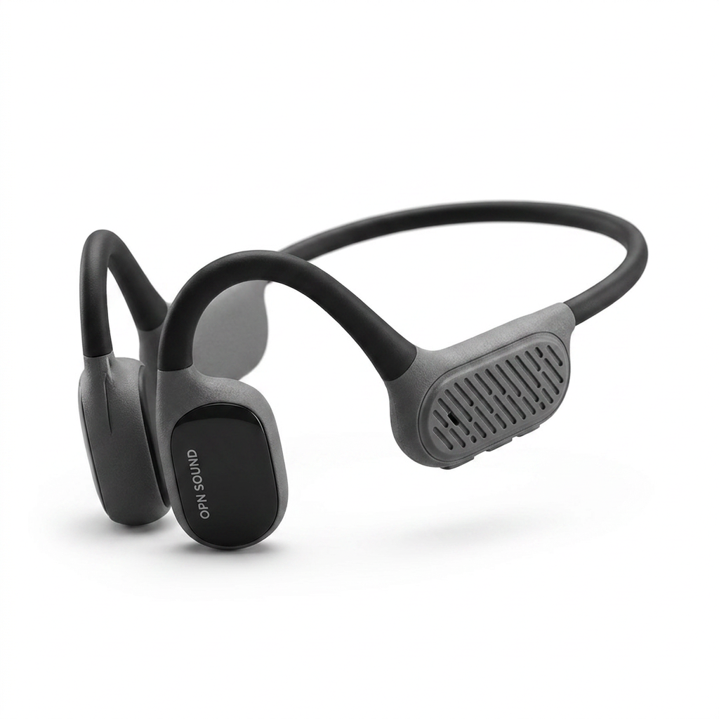A photorealistic studio product photo of OPN Sound Swym+ headphones, angled to show the right side, on a pure white background with a soft shadow.
