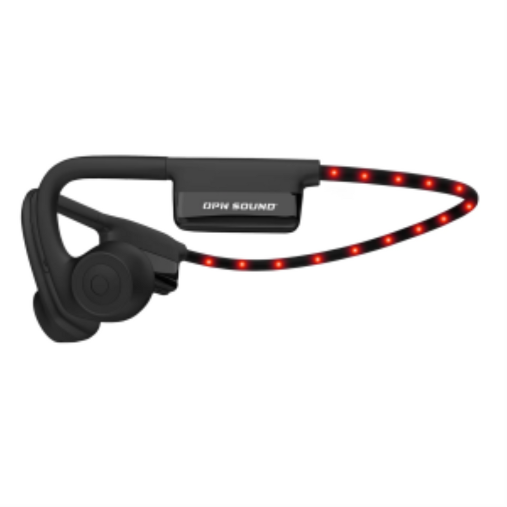 Black Dashlyte+ open-ear sport headphones with a glowing red LED safety strip on the neckband.