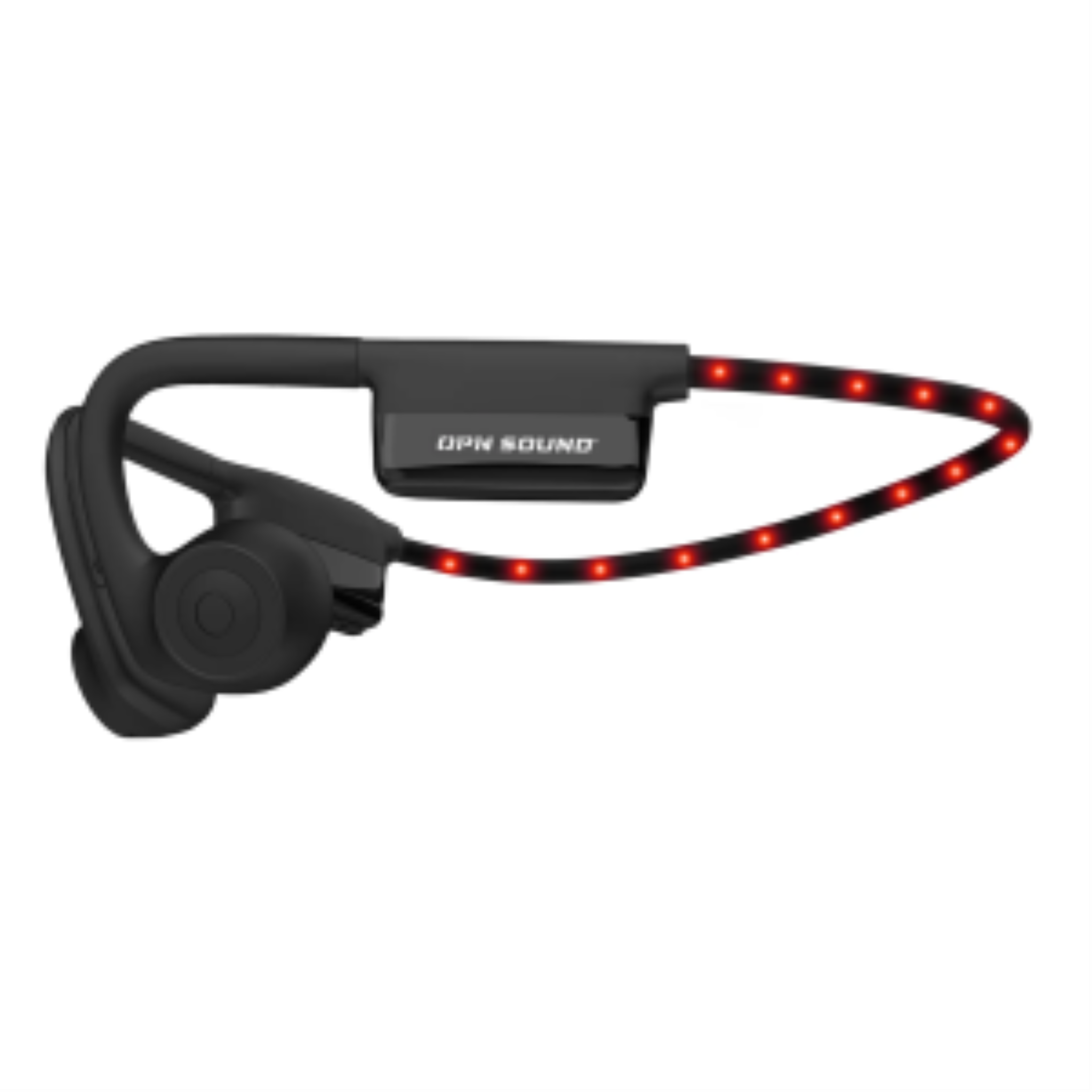Black Dashlyte+ open-ear sport headphones with a glowing red LED safety strip on the neckband.