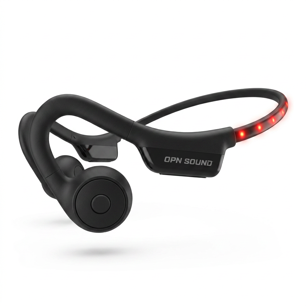 A photorealistic studio photograph of the OPN Sound Dashlyte+ open-ear headphones in black with red LED lights, angled to show the left earpiece.