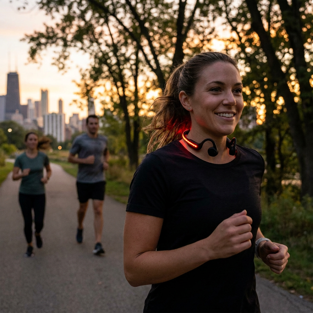 A woman runs at dusk, wearing the black OPN Sound Dashlyte+ open-ear headphones with the red LED safety light illuminated.