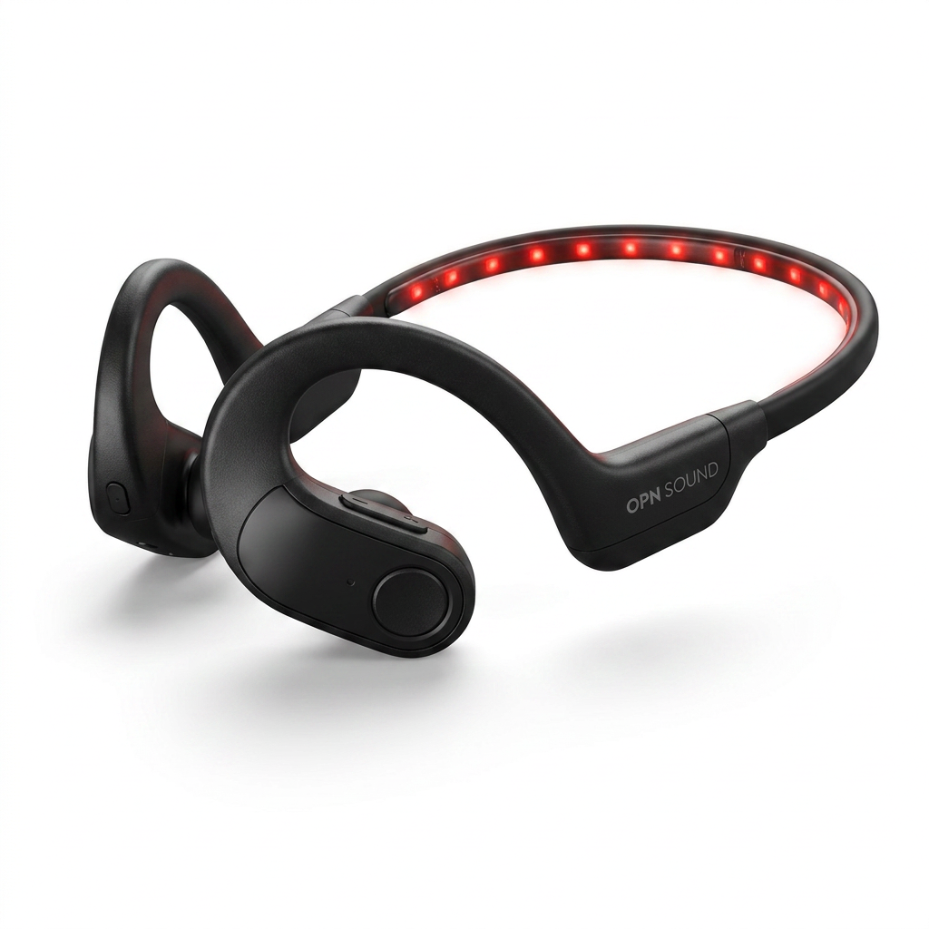 A photorealistic studio photo of the black OPN Sound Dashlyte+ earbuds with the red LED neckband glowing, angled to show the right ear hook and controls against a pure white background.