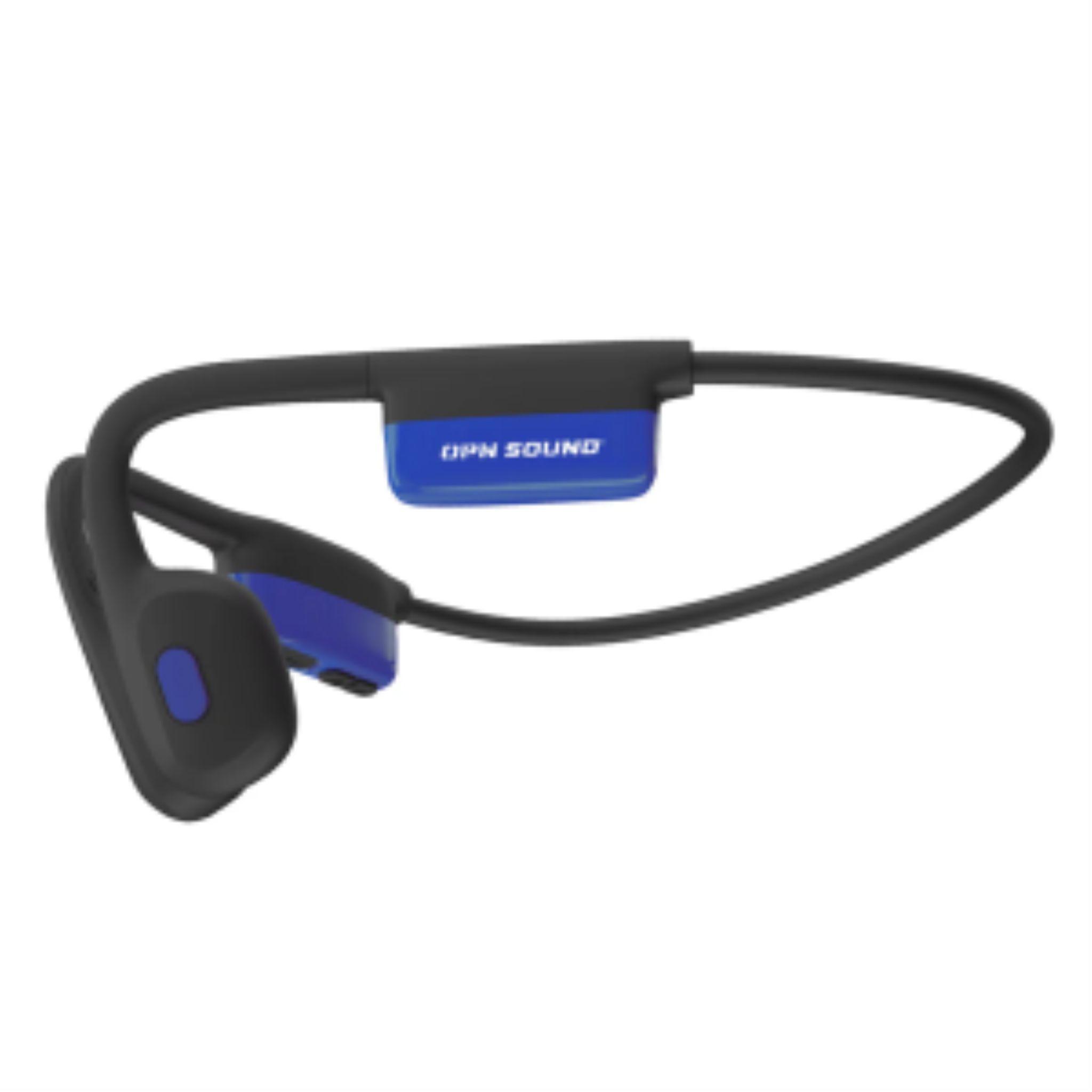 Black and blue Mezzo+ Bone Conduction Headphones with OPN SOUND branding on a white background.