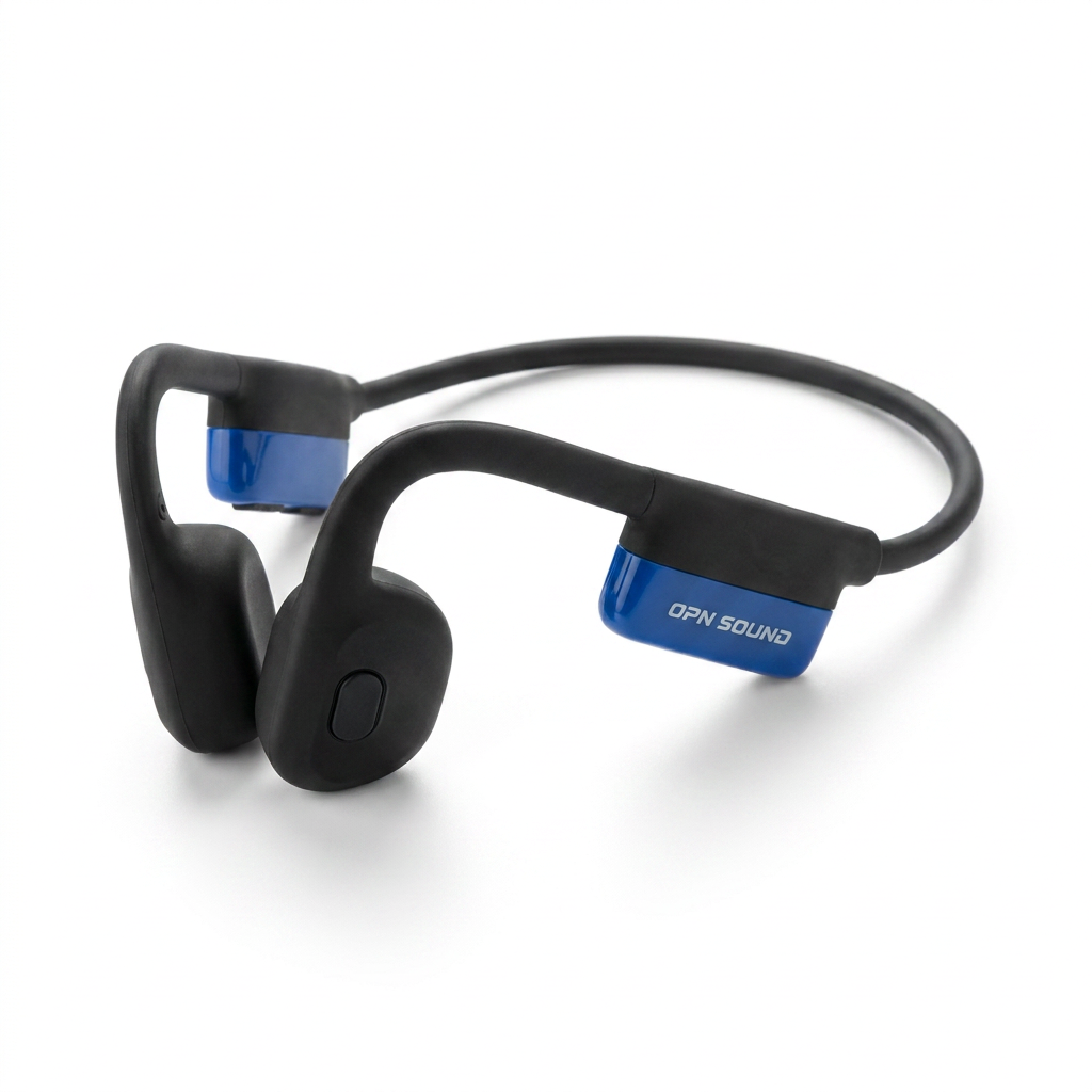A photorealistic studio photo of the black and blue OPN Sound Mezzo+ bone conduction headphones on a pure white background, angled to its left side.