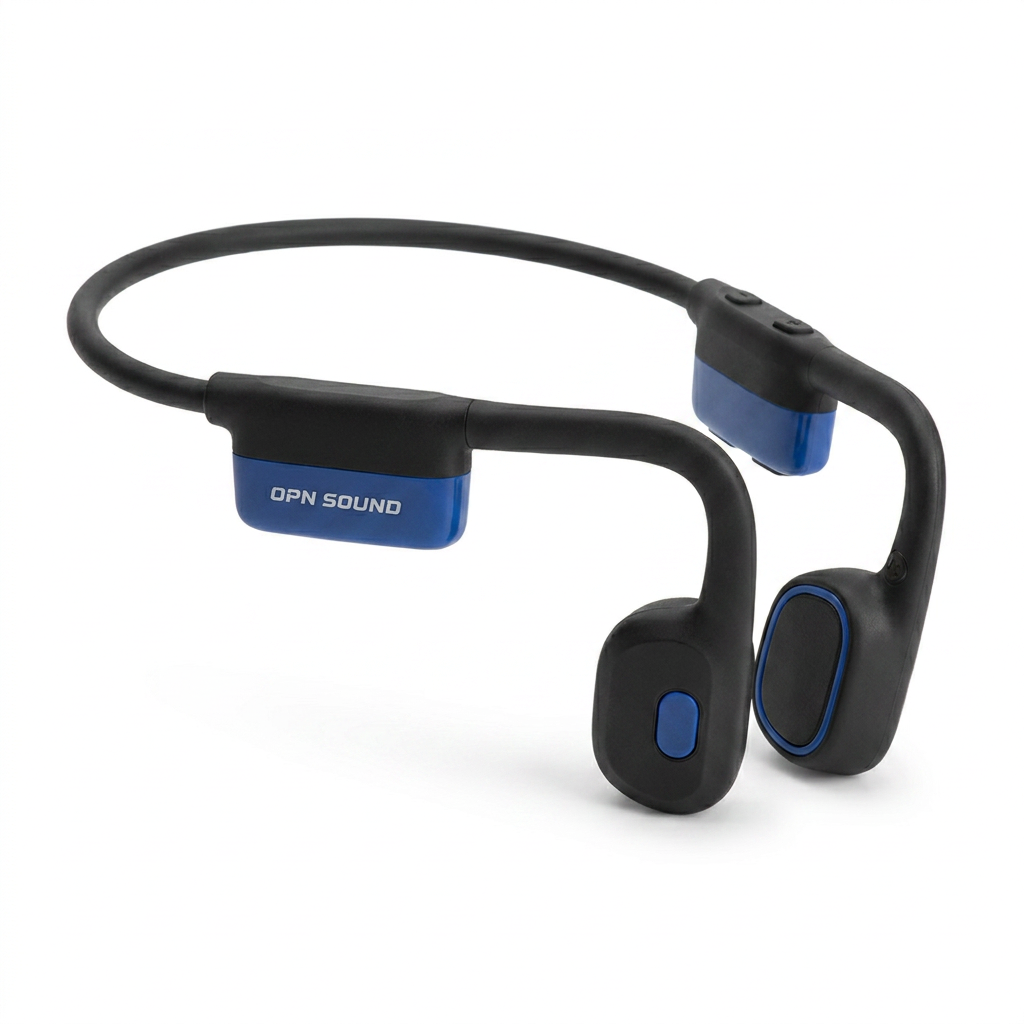 Photorealistic studio product shot of the black and blue OPN Sound Mezzo+ bone conduction headphones on a pure white background, angled to show the right side with soft shadows.