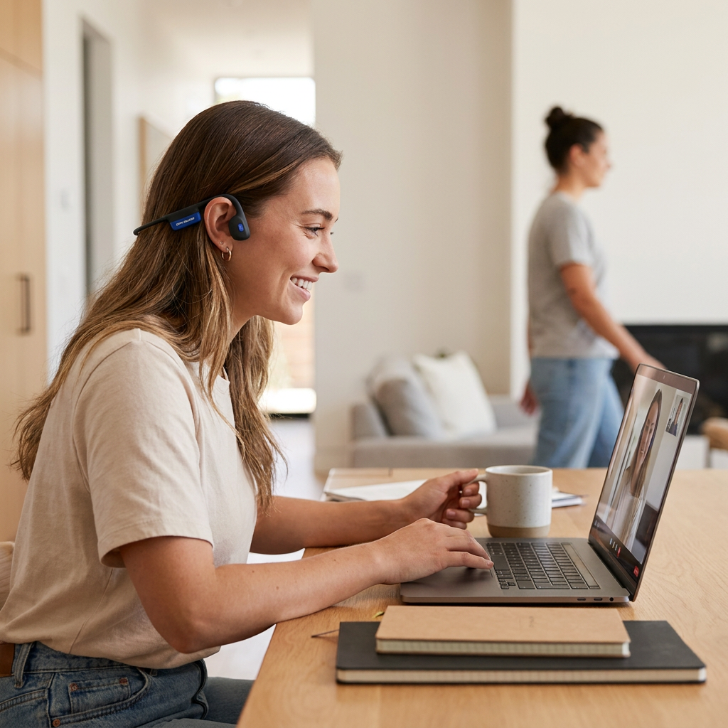 A woman smiles in a home office wearing OPN Sound Mezzo+ bone conduction headphones while on a video call.