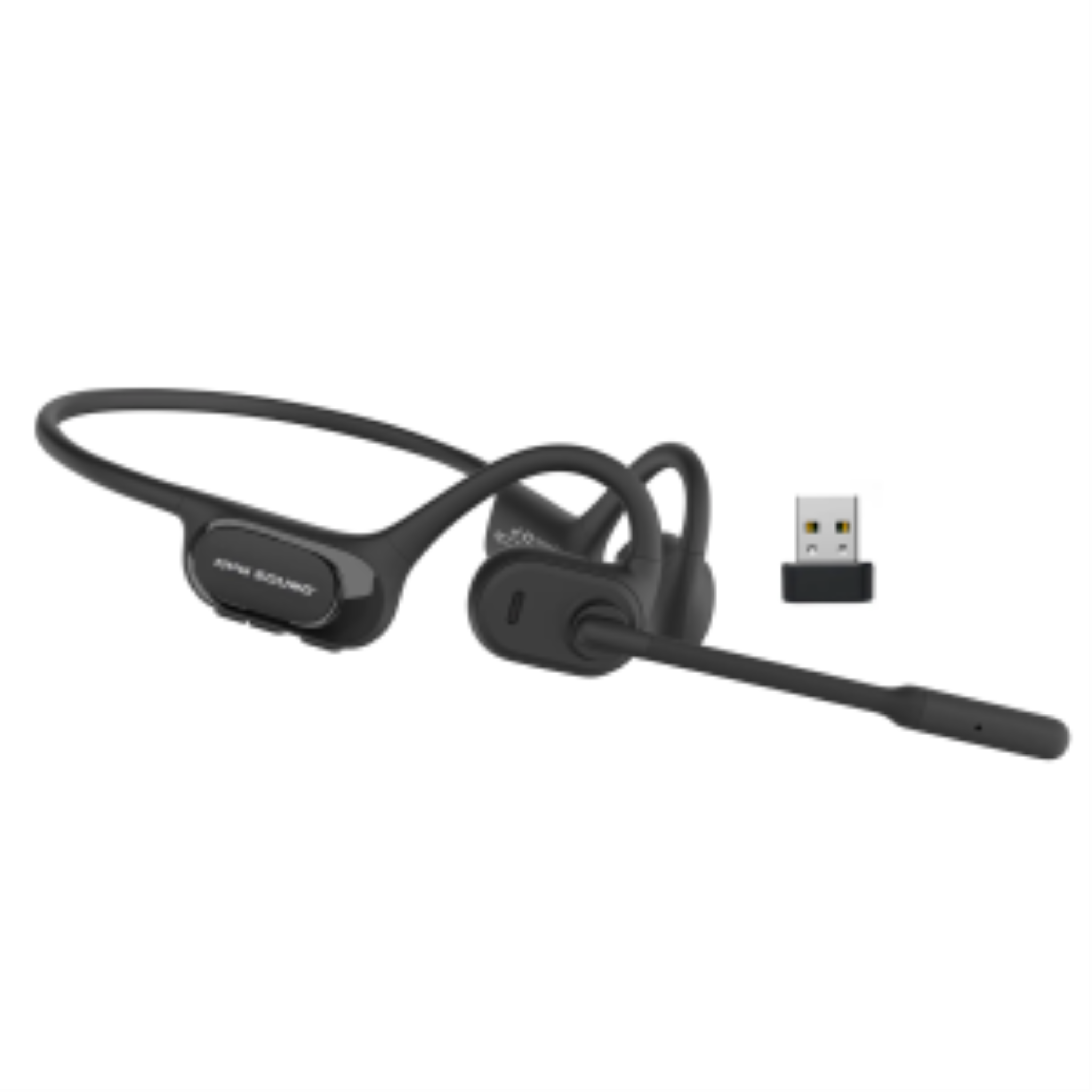 Chat Pro black bone conduction headset with noise-canceling boom microphone and USB dongle.