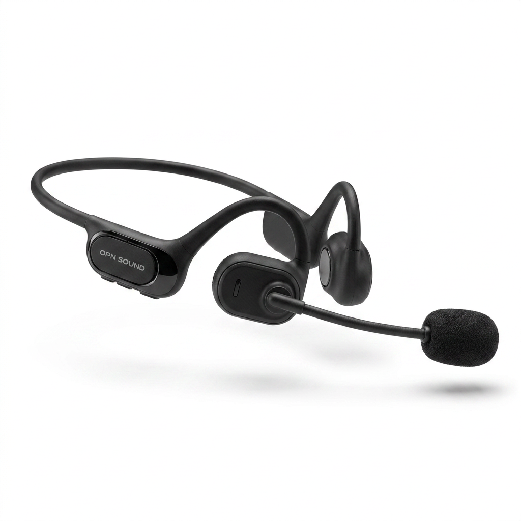 A photorealistic studio shot of the black OPN Sound Chat Pro headset, angled left on a white background with a soft shadow.