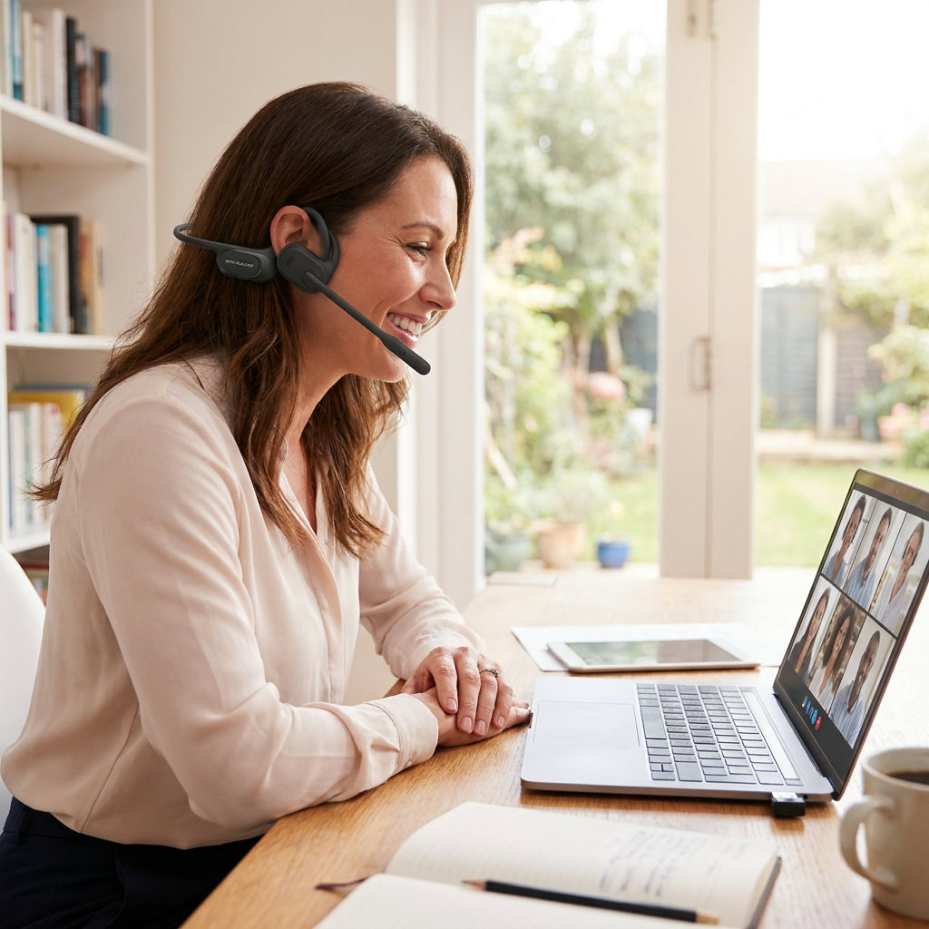 A female professional wearing the OPN Sound Chat Pro headset with boom mic, smiling during a video call in a home office. The USB dongle is plugged into her laptop. Natural light fills the room.