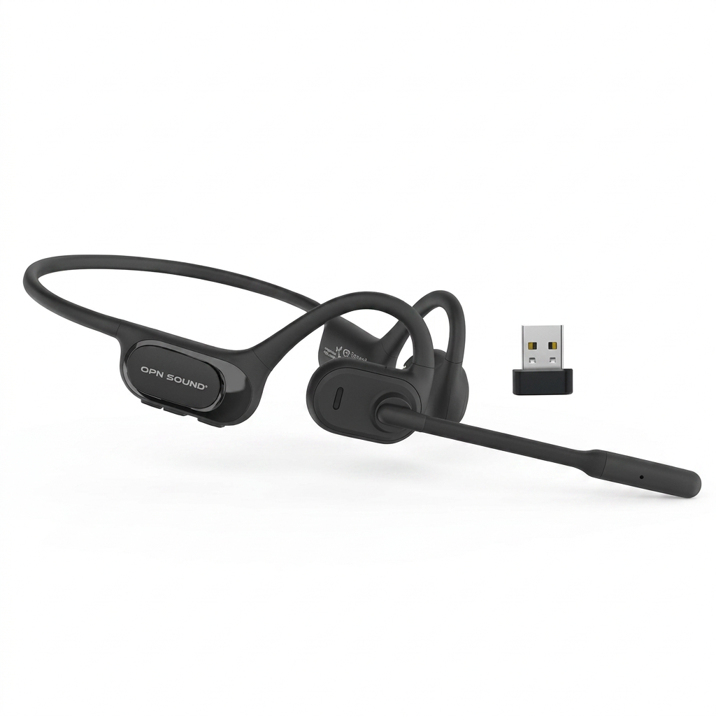 A photorealistic studio product photo of the black OPN Sound Chat Pro headset and USB dongle. The headset is centered and angled to show the right side, including the microphone boom and controls, with a soft natural shadow on a pure white background.