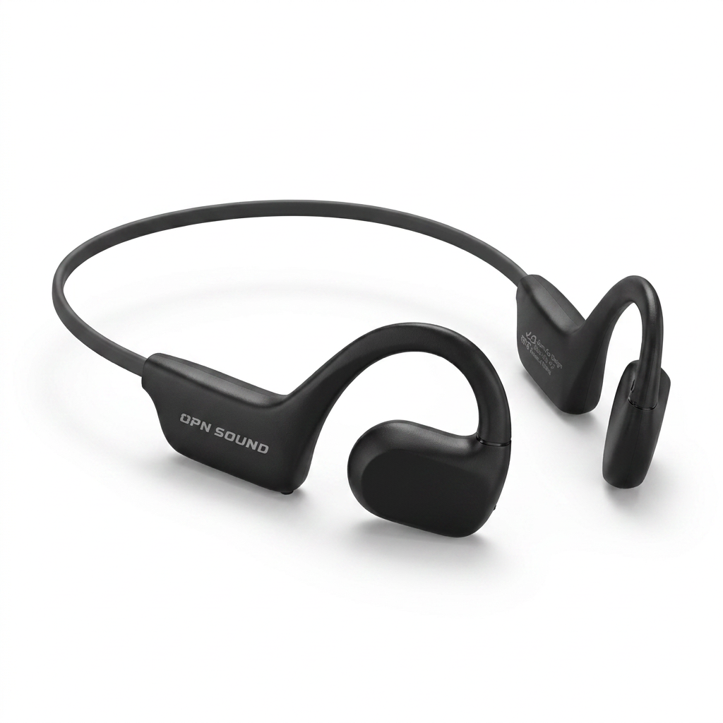 A photorealistic studio photograph of the black OPN Sound Aperto open-ear headphones, angled to show the left earpiece and control pod with the "OPN SOUND" logo, centered on a pure white background with a soft shadow.